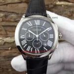 Copy Cartier MTWTFSS Chronograph SS Black Dial Black Leather Watch